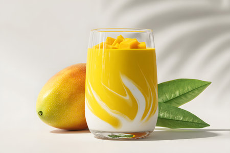 A glass filled with a creamy mango smoothie sits next to a whole mango and green leaves on a soft, light background. The drink features a swirl of yellow and white, highlighting freshness.の素材
