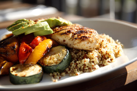 Grilled chicken breast is served with a side of quinoa, zucchini, peppers, and avocado. The meal is nutritious and colorful, perfect for a balanced diet.の素材