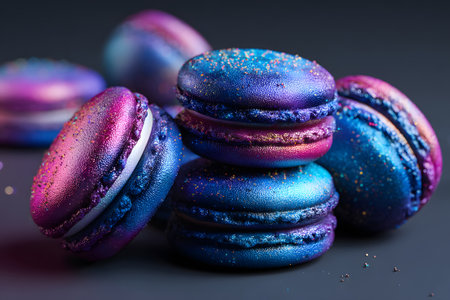 Bright and colorful macarons inspired by a galaxy theme are arranged neatly. The pastries feature a shiny finish and are decorated with sparkling details.の素材