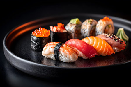 A colorful sushi platter showcases an assortment of fresh sushi types, including nigiri and rolls, artistically arranged on a black plate, ideal for a gourmet dining experience.の素材