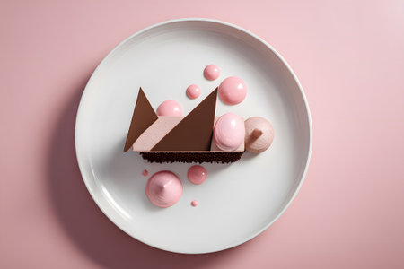 A delightful assortment of colorful meringue candies and chocolate pieces is neatly arranged on a light-colored plate.の素材
