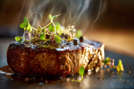A perfectly cooked steak sizzling with flavorful sauce and topped with fresh herbs sits on a wooden board. The warm ambiance highlights the texture and richness of the dish.の素材