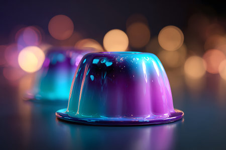 A vibrant gelatin dessert sits on a plate, showing a blend of purple and blue colors. Soft lights create a bokeh effect, adding to its appealing, glossy appearance.の素材