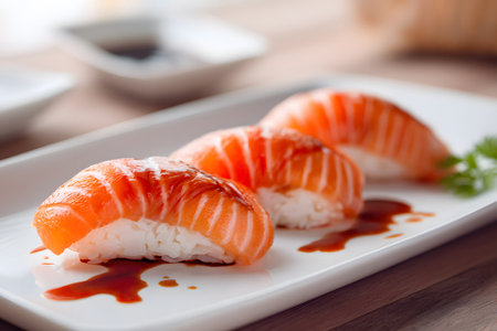 Three pieces of fresh salmon sushi are neatly arranged on a white plate. They rest on a wooden table, with a small dish of sauce nearby, creating an inviting dining experience.の素材