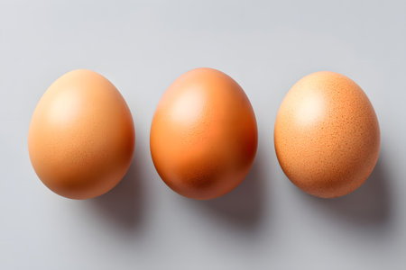 Three brown eggs sit neatly in a row on a smooth gray surface, showing their natural color and shape. The setting emphasizes simplicity and healthy eating.の素材