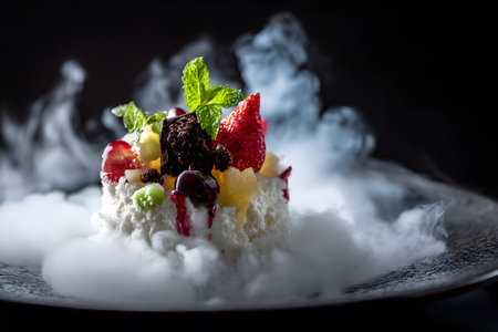 A creative dessert featuring a base of cheesecake topped with an assortment of fresh berries and mint. The dish emits a smoky effect, enhancing its visual appeal.の素材