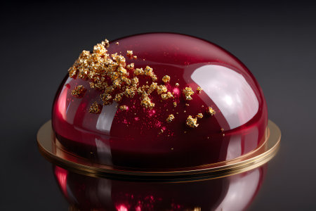 A beautifully crafted glossy red dessert is presented on a gold plate. The dessert is adorned with golden flakes and fresh berries, creating a striking visual appeal.の素材