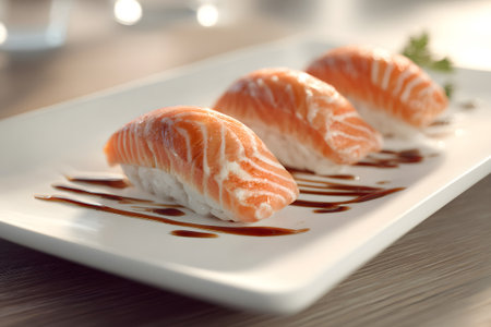Three pieces of fresh salmon sushi are neatly arranged on a white plate. They rest on a wooden table, with a small dish of sauce nearby, creating an inviting dining experience.の素材