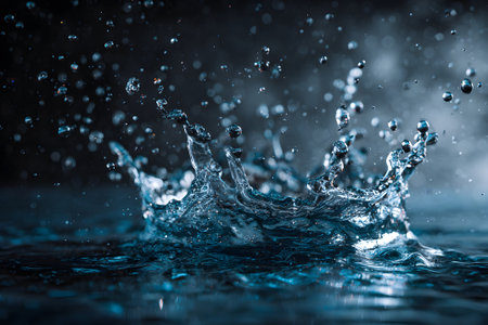 A drop of water hits a surface, creating a circular splash surrounded by smaller droplets. The deep blue background enhances the elegance of the water's movement and reflections.の素材