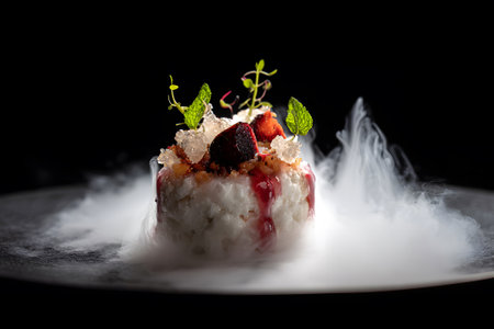 A creative dessert featuring a base of cheesecake topped with an assortment of fresh berries and mint. The dish emits a smoky effect, enhancing its visual appeal.の素材