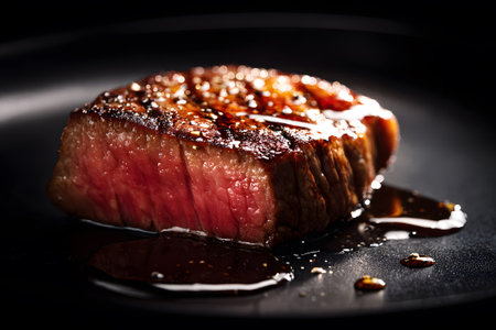Thick slices of grilled steak are arranged neatly on a black plate. The meat is perfectly cooked with a juicy pink center and is drizzled with a flavorful sauce, ideal for a gourmet meal.の素材