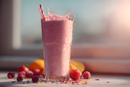 A vibrant pink smoothie splashes out of a tall glass on a wooden table. Fresh fruits like strawberries and peaches are nearby, creating a lively kitchen atmosphere.の素材