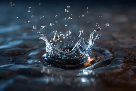 A drop of water hits a surface, creating a circular splash surrounded by smaller droplets. The deep blue background enhances the elegance of the water's movement and reflections.の素材