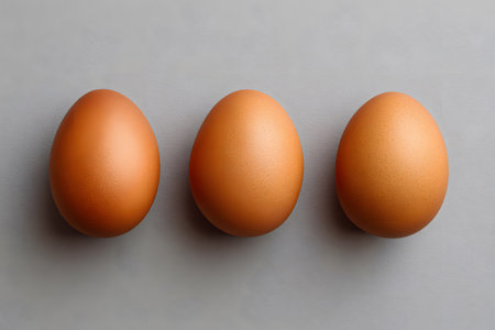 Three brown eggs sit neatly in a row on a smooth gray surface, showing their natural color and shape. The setting emphasizes simplicity and healthy eating.の素材