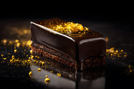 A dark chocolate treat is elegantly presented, topped with edible gold. The shiny surface reflects light, enhancing the sophisticated look of this decadent dessert.の素材