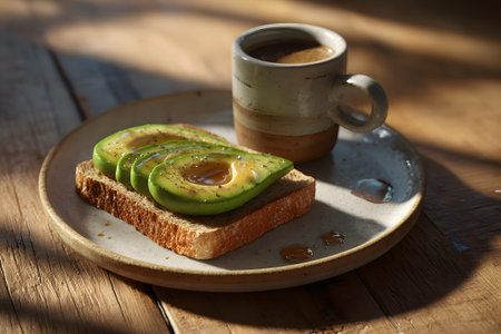 Fresh avocado slices are served on whole grain toast with olive oil drizzle, next to a steaming cup of coffee. A perfect breakfast setting with warm lighting.の素材