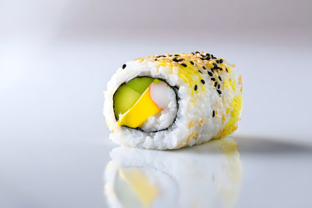 Colorful sushi rolls with fresh tuna and cucumber are artistically arranged on a smooth surface. Perfect for a meal or snack, these rolls showcase vibrant flavors and textures.の素材
