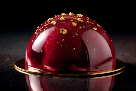 A beautifully crafted glossy red dessert is presented on a gold plate. The dessert is adorned with golden flakes and fresh berries, creating a striking visual appeal.の素材