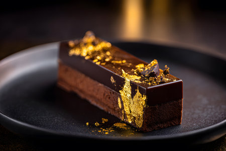 A rich chocolate cake sits elegantly on a black plate, its glossy surface topped with gold flakes and chocolate shards. The setting highlights the dessert's luxurious appeal.の素材