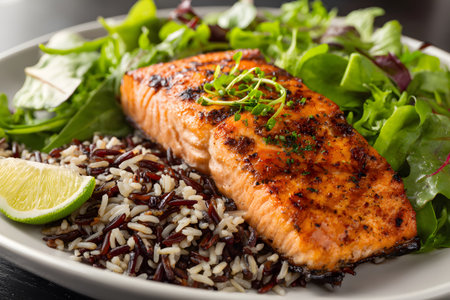 A salmon fillet sits atop a bed of wild rice, accompanied by steamed broccoli and fresh lemon slices. This healthy meal is colorful and nutritious, ideal for any dining occasion.の素材