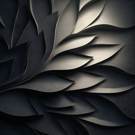 Intricate layered design featuring dark, textured leaves creating a stunning visual impact in a modern settingの素材