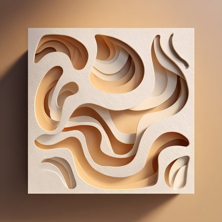 Intricate abstract wood carving showcasing flowing patterns and textures in warm tonesの素材