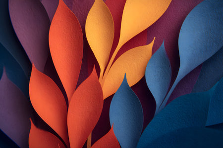Colorful paper leaves create a vibrant backdrop for crafts and decorations in studio settingの素材