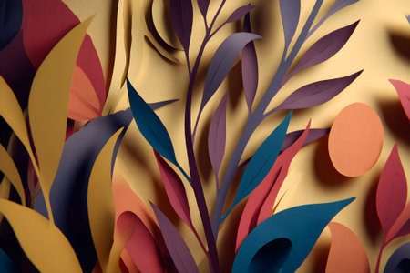 Colorful paper leaves create a vibrant design against a yellow backdrop in an artistic displayの素材