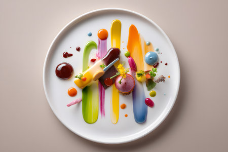 A beautifully arranged dessert features vibrant colors and different textures on a white plate. Splatters of sauce surround delicate pastries, creating an inviting presentation.の素材