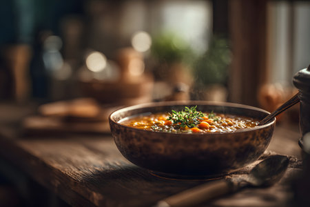 A bowl of nourishing vegetable soup sits on a weathered wooden table. Fresh herbs garnish the soup, enhancing its vibrant colors and inviting aroma.の素材