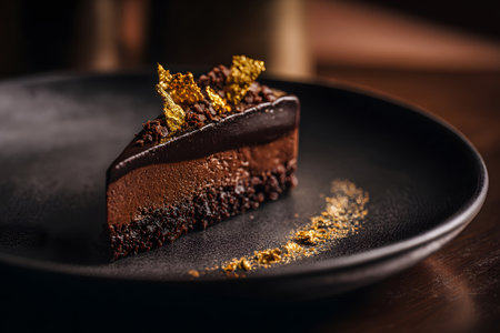A rich chocolate cake sits elegantly on a black plate, its glossy surface topped with gold flakes and chocolate shards. The setting highlights the dessert's luxurious appeal.の素材