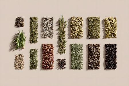 Various fresh herbs and spices are carefully laid out on a smooth neutral surface, showing textures and colors ideal for enhancing dishes.の素材