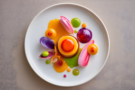 A beautifully arranged dessert features vibrant colors and different textures on a white plate. Splatters of sauce surround delicate pastries, creating an inviting presentation.の素材