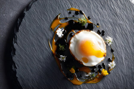 A gourmet dish showcases a perfectly cooked egg with a runny yolk, surrounded by edible flowers and elegant sauces on a dark slate plate. This presentation highlights culinary artistry.の素材