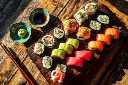 Various types of sushi rolls are neatly arranged on a wooden board, accompanied by soy sauce, wasabi, and pickled ginger. The scene captures a vibrant and appetizing sushi spread.の素材