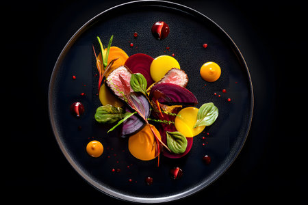 This gourmet dish showcases tender octopus arranged artistically with colorful sauces and garnishes. The presentation highlights culinary creativity and attention to detail.の素材