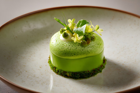 A beautiful green dessert sits attractively in a round dish. It features layers of vibrant ingredients topped with fresh herbs, creating a stunning presentation that highlights culinary artistry.の素材
