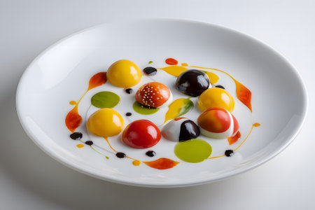 A beautifully arranged dessert features vibrant colors and different textures on a white plate. Splatters of sauce surround delicate pastries, creating an inviting presentation.の素材