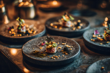 Delicate gourmet dish is beautifully arranged on dark plates. It includes small portions of various ingredients, topped with fresh greens and presented artistically.の素材