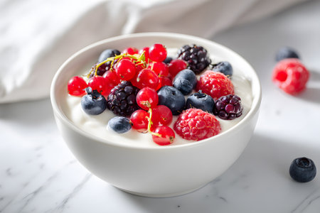 A bowl filled with creamy yogurt is topped with an assortment of fresh blueberries, raspberries, and blackberries. This healthy snack is placed on a stylish marble surface, perfect for breakfast.の素材