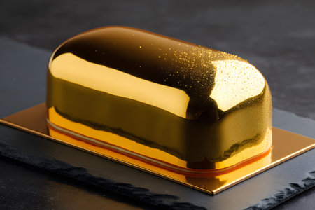 A beautifully designed chocolate cake sits on a gold platter against a dark slate background. The cake features rich chocolate glaze and artistic decorations with gold.の素材
