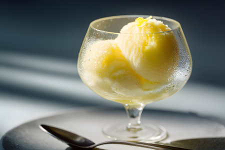 A refreshing dessert features two scoops of lemon sorbet served in a glass. Chilled surroundings enhance the fruity, icy treat, perfect for warm weather.の素材