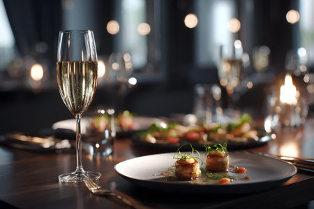 A luxurious dining features experience beautifully plated gourmet dishes alongside a sparkling drink. The setting highlights a refined atmosphere with warm lighting.の素材
