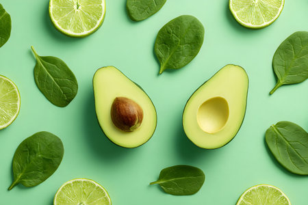 Bright green avocado halves sit on a vibrant green background, surrounded by slices of lime and fresh spinach leaves, showing healthy ingredients ready for a meal.の素材