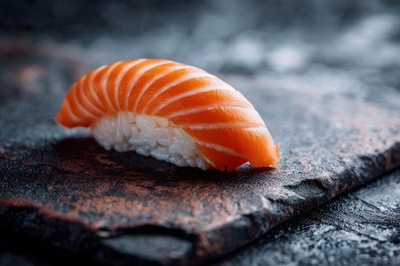 Fresh salmon sushi sits elegantly on a dark slate plate, showing bright orange fish over delicate rice. The cozy dining atmosphere enhances this tasty experience.の素材