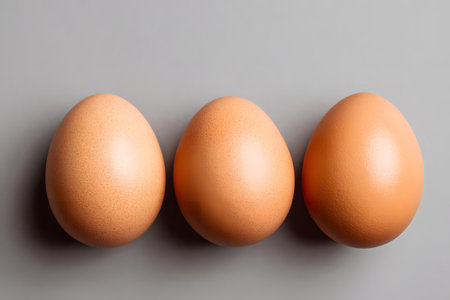 Three brown eggs sit neatly in a row on a smooth gray surface, showing their natural color and shape. The setting emphasizes simplicity and healthy eating.の素材