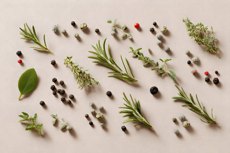 Various fresh herbs and spices are carefully laid out on a smooth neutral surface, showing textures and colors ideal for enhancing dishes.の素材