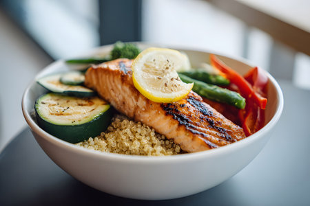 A plate features grilled salmon alongside colorful steamed vegetables and quinoa. The dish is garnished with slices of lemon, creating a vibrant and healthy meal option.の素材