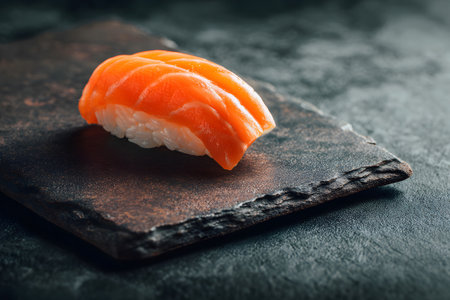 Fresh salmon sushi sits elegantly on a dark slate plate, showing bright orange fish over delicate rice. The cozy dining atmosphere enhances this tasty experience.の素材