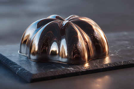 A beautifully designed chocolate cake sits on a gold platter against a dark slate background. The cake features rich chocolate glaze and artistic decorations with gold.の素材